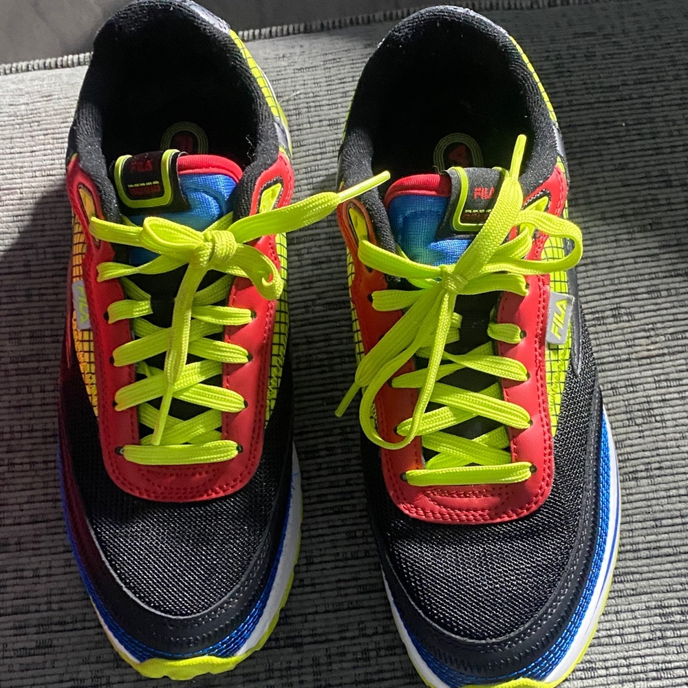 FILA Black, Red, and Neon Yellow Sneakers